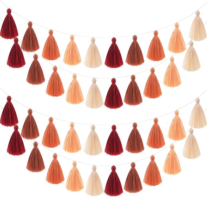WILLBOND 4 Pieces Valentine's Day Tassel Garland for Classroom Wall Decor Boho Pastel Garland Cotton Tassel Banners for Party School(3.1 Inch,Boho Colors)