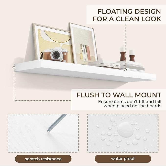 RICHFOCUS 40Inch Floating Shelves for Wall 1 Pack Shelves for Bedroom|Kitchen|Bathroom|Laundry Room Rustic Wood Wall Mounted Shelf with Invisible Brackets for Books|Storage|Decor, White
