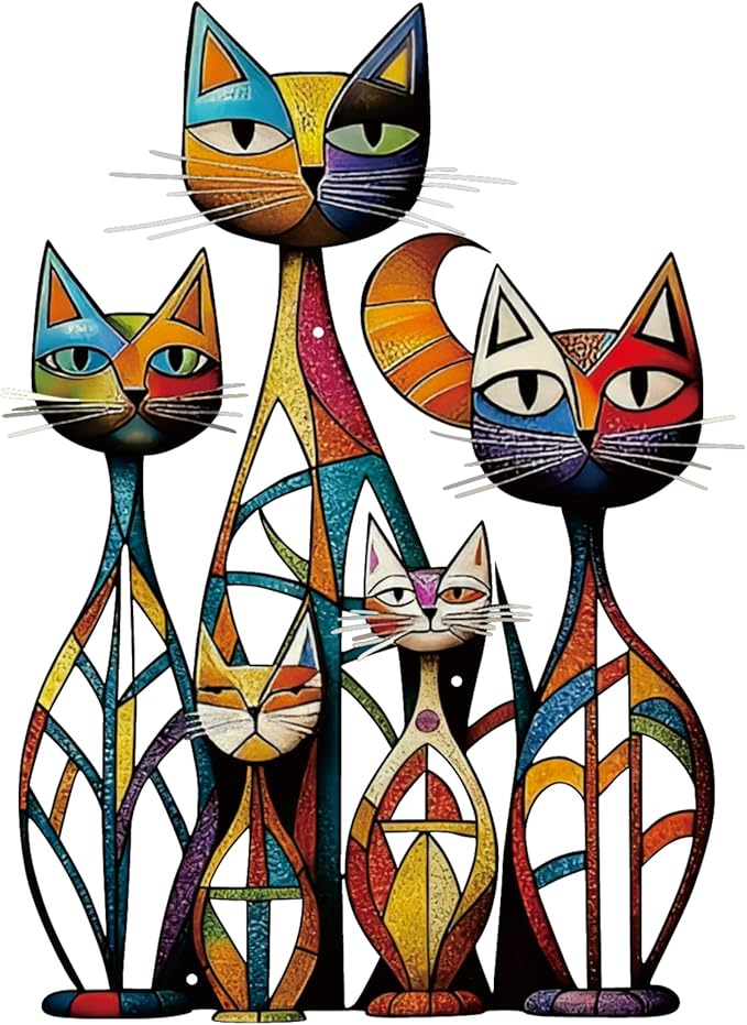 Wesiti Cat Wall Art Decor Iron Wall Sculptures Decor for Cats Lover 10.6 x 15.7 Inches Colorful Retro Mid Century Cat Signs for Home Living Room Bedroom Kitchen Office(Novel)