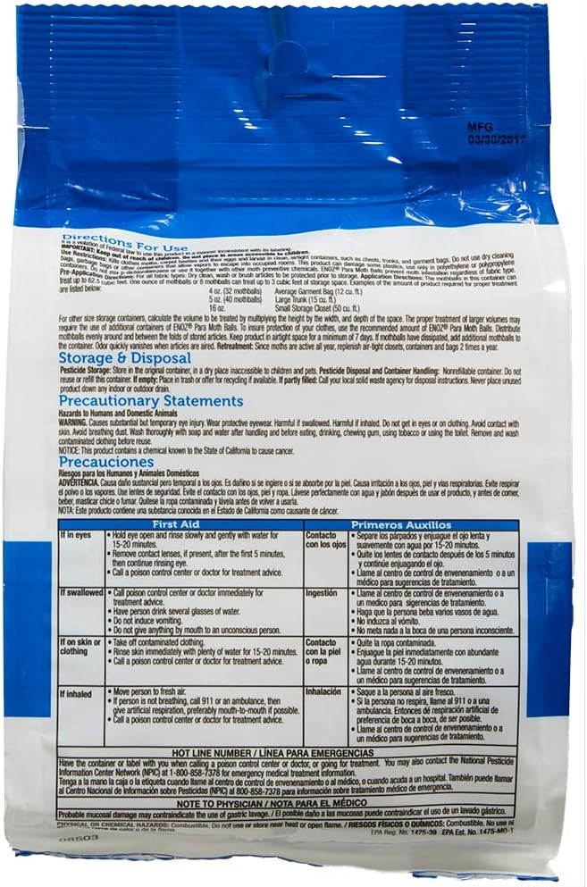 Enoz para Moth Balls with No Clinging Odor, Kills Clothes Moths, Carpet Beetles, Eggs and Larvae (20 oz Bag, 6 Pack)