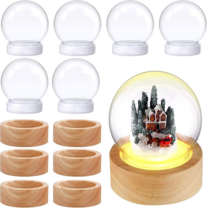 Irenare 12 Pcs 3.9 Inch DIY Snow Globe Kit, 6 Make Your Own Snow Globe Craft with 6 LED Light Wooden Base Clear Plastic Dome for Winter Decor Keepsake Gift Plant Terrarium Display(Wood Base)
