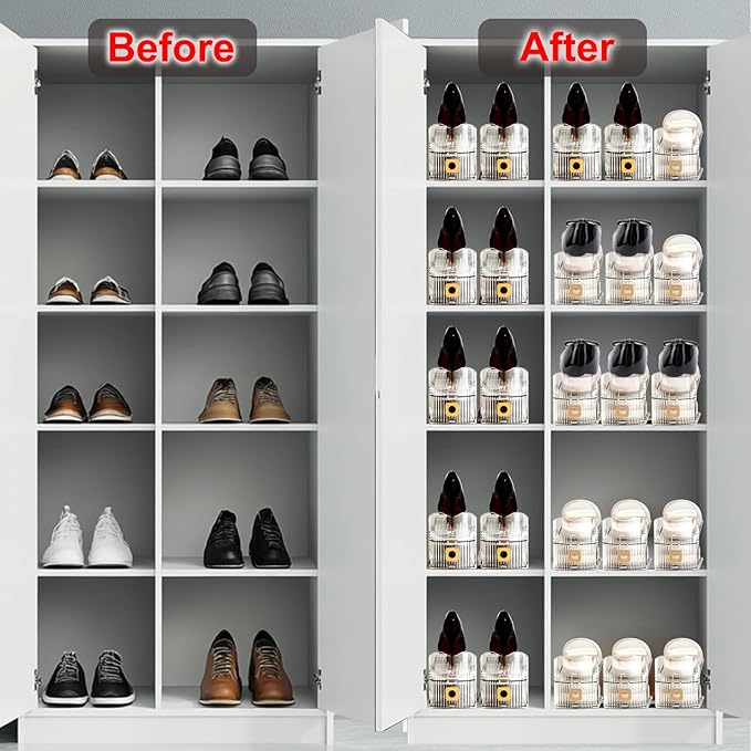 12Pack Shoe Slots Organizer for Closet Shoe Stacker Shoe Rack Organizer for Closet Space Saver Storage Holder Organization (Clear)