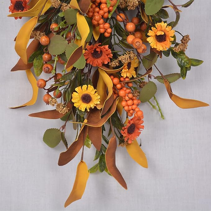 20 Inch Fall Harvest Swag, Artificial Fall Maple Swag Autumn Thanksgiving Day Halloween Decorative Teardrop, Halloween Wall Door Decor Sunflower Berry Fake Wreath (#1)