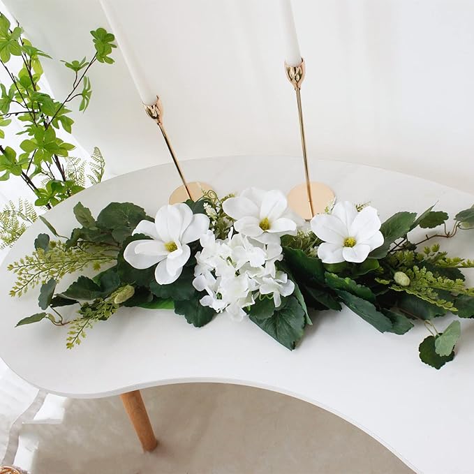 29.5in Artificial Peony Floral Swag, Simulation Mixed Flower Lintel Wall Hanging Faux Floral Swag Wreath with Green Leaves, Wedding Arch Garland for Ceremony Table Centerpiece (Magnolia)