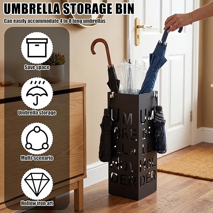 Square Metal Umbrella Holder, Square Free Standing Umbrella Rack Decorative Umbrella Holder Hollow Cutout Pattern Design for Umbrella Cane Entryway Home Office 19.49" X 6.1" X 6.1"(Black hollowed out)