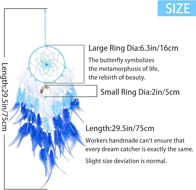 Dreamlike Butterfly Tree of Life Dream Catcher Wall Decor Blue Dream Catcher with Crystal Stone Handmade Feather Dreamcatchers Home Decor Wall Hanging for Girls Bedroom Wedding Craft Gift-29.5"