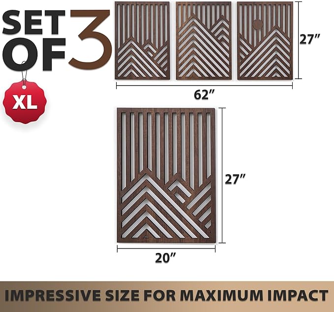 qmmp Modern Wooden Wall Sculptures - Set of 3 - Home Decor Accent - Large Wall Art for Living Room, Bedroom, Office - Easy Installation (Walnut, XLarge - Mountain and Sun)