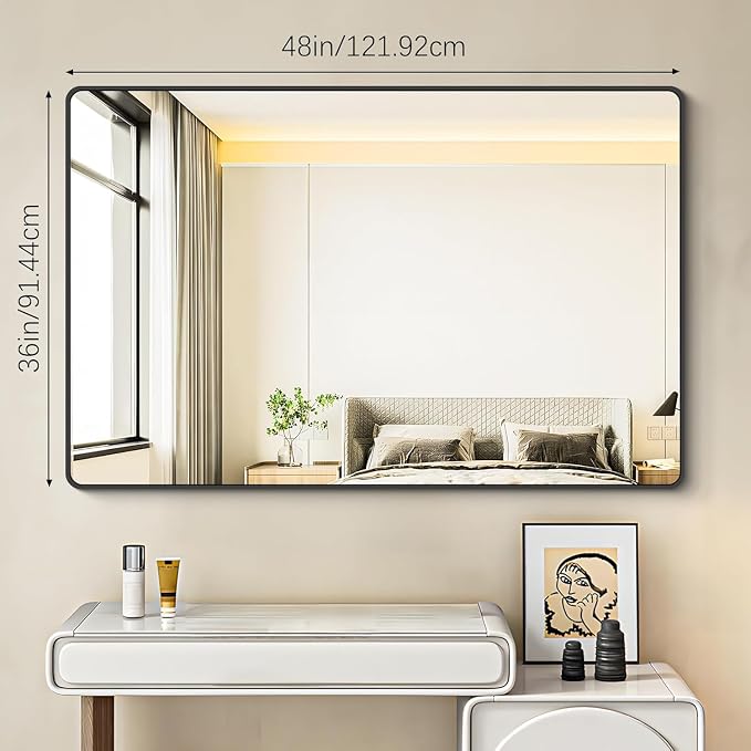 BONEWEI 36x48 inch Bathroom Mirror,Black Rectangle Mirror,Wall Mounted Bathroom Frame Vanity Mirror with Round Corner for Bedroom Living Room, Entryway Hangs Horizontal or Vertical