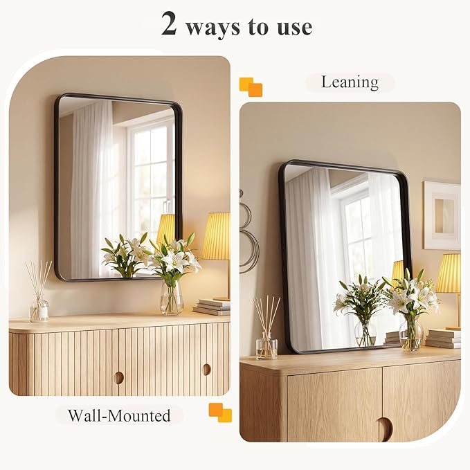 Sweetcrispy Bathroom Wall Mirror, 30x22 Inch Wall Mount Mirror for Over Sink, Modern Rounded Rectangle Vanity Mirrors with Matte Metal Framed, for Home Decor, Living Room, Bedroom, Black