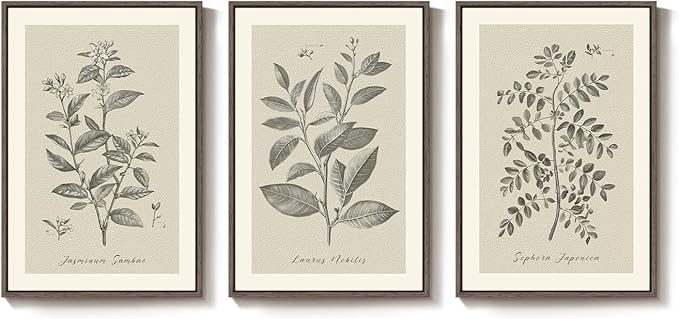 Framed Vintage Botanical Wall Art, 3 Piece Neutral Floral Plants Canvas Painting Prints Artwork for Living Room, Rustic Flowers Pictures for Farmhouse Bedroom Kitchen Dining Room Home Decor, 16x24 In