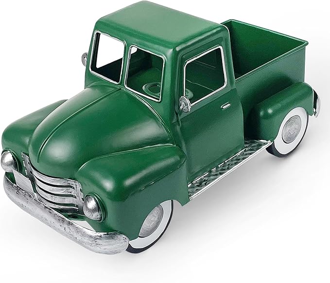 Farmhouse Green Truck Decor, Metal Pickup Trucks Planter, Vintage Old Truck Desktop Storage Car Model for Home Indoor and Outdoor Table Center Decor