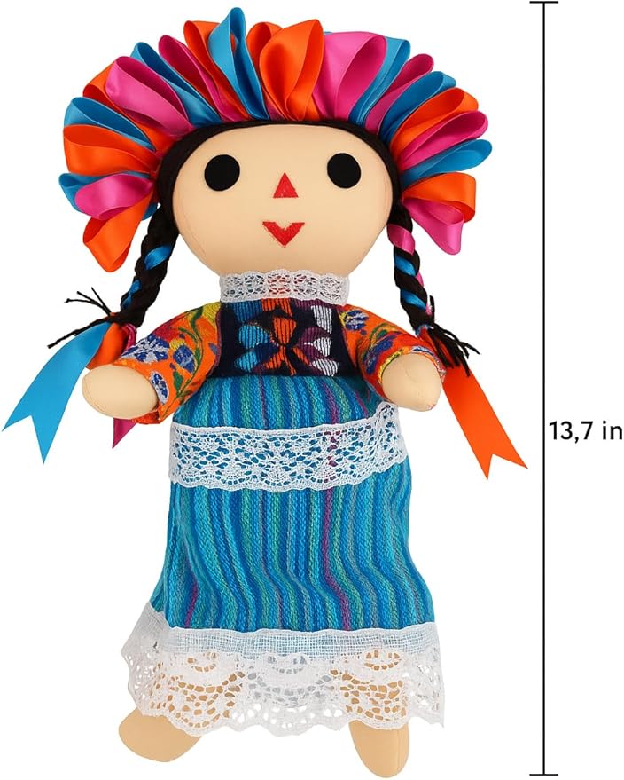San Rafael Arcangel Mexican Lele Doll Muneca Mexicana de Trapo Artesanal Handmade Rag Doll Made with Traditional Colorful Ribbons Premium Quality Gift Colors May Vary 13 inch