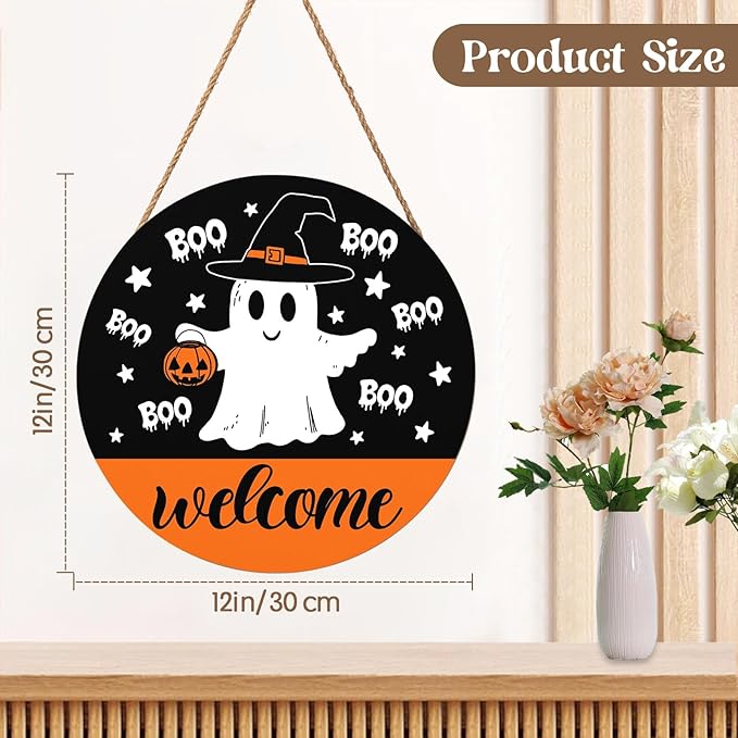 Halloween Door Decorations Cute Halloween Ghost Wreath Welcome Hey Boo Wood Hanger 12x12 Inch Farmhouse Holiday Wall Hanging Decorations for Home Porch Indoor Outdoor Party Supplies