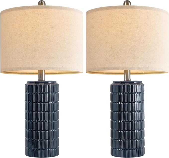 PoKat 24" Modern Ceramic Table Lamps Set of 2 for Bedroom, Blue Bedside Lamps for Night Stands, Farmhouse Desk Decor Nightstand Table Lamps for Living Room End Table Dark Blue