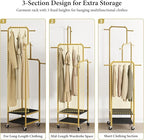 Chrislley Small Clothing Rack With Wheels, 71" Portable Rolling Garment Rack With 2 Shelves and 6 Hooks, 3-Section Different Heights Heavy Duty Metal Clothes Rack For Coats, Shirts, Bags, Shoes, Gold