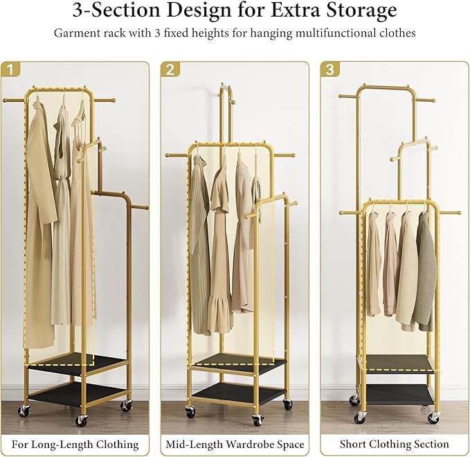 Chrislley Small Clothing Rack With Wheels, 71" Portable Rolling Garment Rack With 2 Shelves and 6 Hooks, 3-Section Different Heights Heavy Duty Metal Clothes Rack For Coats, Shirts, Bags, Shoes, Gold