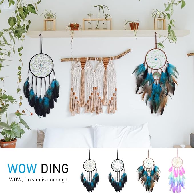 Dream Catchers with Luminous Beads, Handmade Blue Dreamcatcher, Bedroom Decor for Boys Girls Kids Ornament Art Craft Gift