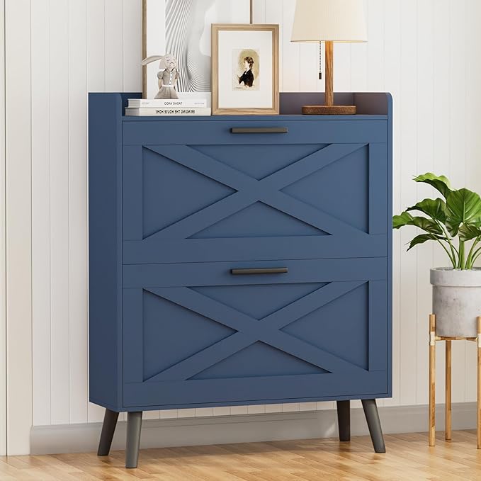 32" W Farmhouse Shoe Storage Cabinet with 2 Flip Drawers and Barn Door Design, Adjustable Shelves, Modern Hidden Slim Narrow Shoe Rack Cabinet for Entryway, Foyer, Hallway, Living Room, Blue