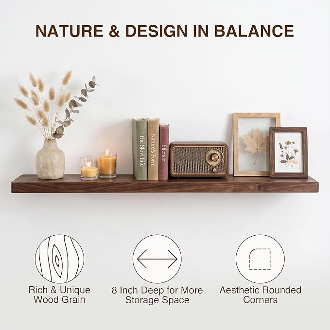 40 Inch Floating Shelves, Solid Wood Wall Shelves, 8 Inch Deep Floating Shelf – for Bathroom, Bedroom, Living Room, Kitchen, Home Decor & Storage, Heavy-Duty Wooden Shelf Wall-Mounted, Set of 2