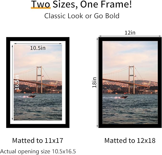 12x18 Picture Frame 3 Pack - Black Poster Frame Display Pictures 11x17 with Mat or 12 x 18 Without Mat for Wall Hanging Horizontal and Vertical