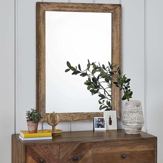AAZZKANG Rustic Wood Mirror Rectangle Decorative Wall Mirrors with Frame Large 26"x18"for Bedroom Living Room Bathroom Entryway Hanging Brown