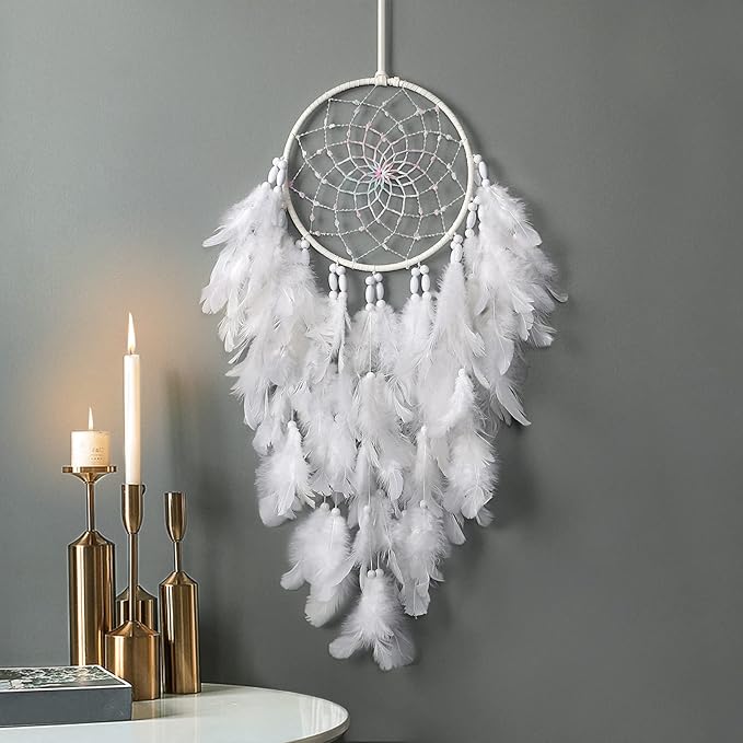 Dremisland White Feathers Dream Catcher Wall Hanging Elegant Wall Art Room Decoration for Windows Balcony Bedroom Wedding Party Gift for Girls and Kids (No Lights)