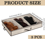 SATINIOR 3 Pcs 3 Section Under Bed Shoe Storage Boot Bag Beige and Brown Underbed Shoe Organizer with Large Clear Pockets Fabric for Storage Men's and Woman's Boots