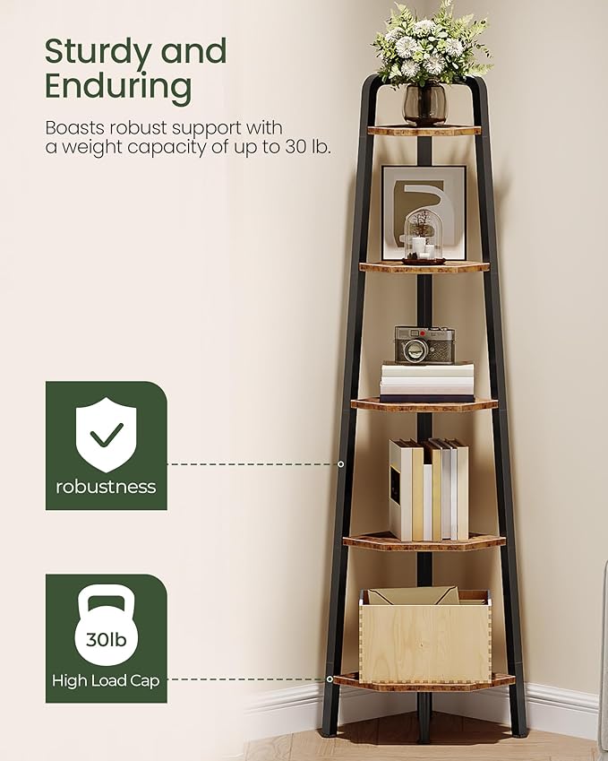 CHOEZON Corner Shelf, 5-Tier Ladder Corner Shelf, Ladder Bookshelf, 59.6" Tall Vertical Display Stand, Metal Frame Bookshelf, for Living Room, Bedroom, Kitchen, Rustic Brown and Black TCJ20BF