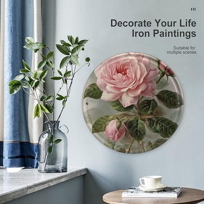 Wall Picture, with Vintage Beautiful Rose Printed Circular Iron Hanging Picture,Wall Art Decor,Home for Bedroom Living Room Bathroom Decor,Iron Painting 11.8X11.8 in