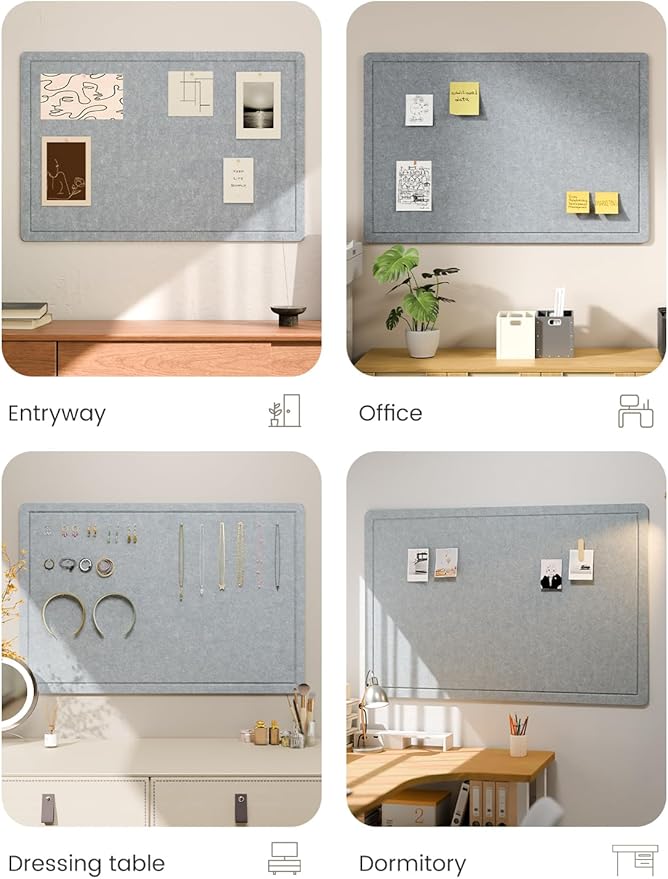Fluxynara Bulletin Board,35.4" x 23.6" Cork Board Alternative with 12 Safe Removable Adhesive Tabs, Foldable Felt Pin Board for Home Office, Classroom, Bedroom,Entryway for Walls—Blue Gray