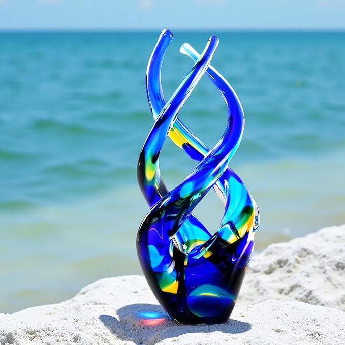 Hand Blown Glass Decor - Cobalt Blue Glass Sculpture - Ocean Theme Spiral Kinetic Figurine, Light Reactive Gradient Decor for Home Office Garden, Ideal Gift for All Occasions