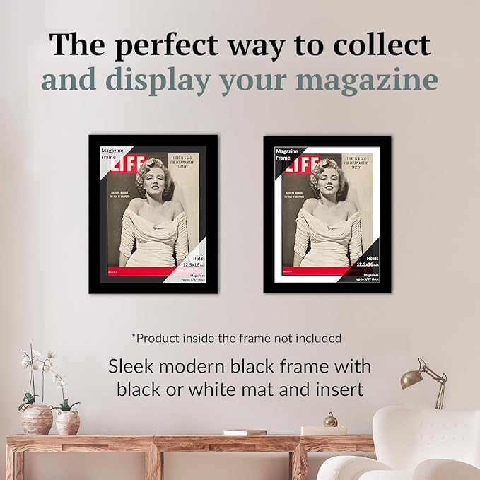 Creative Picture Frames 12.5 x 16 Magazine Frame with Full-Strength Glass, Holds Up To A 1/4" Thick Media with Installed Hangers for Easy Mounting, 14x18 Black Frame with Black Mat