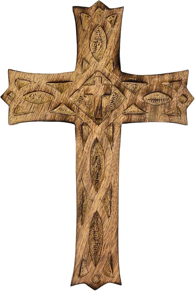 Wooden Cross 10 Inches Handmade Catholic Crucifix Wood Wall Cross Christians Spiritual Hanging Ornament Church Wall Decor For Home Office Living Room Long Hand Carved Ideal Christmas Gift for Women