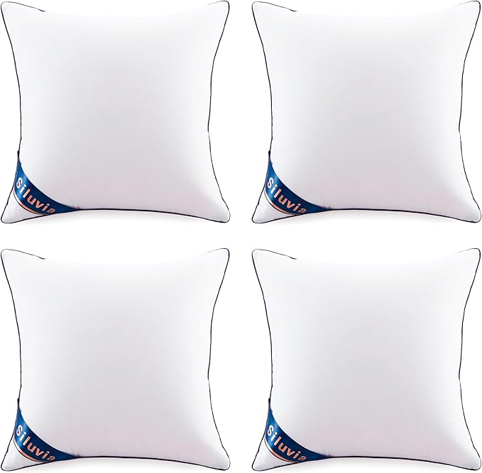 Siluvia Decorative 18x18 Pillow Inserts Set of 4 - Square Throw 18 Pillows with 100% Cotton Cover for Sofa, Couch, and Bed - White