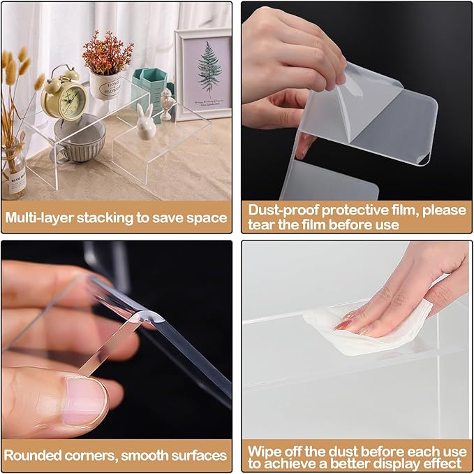 MerryNine Acrylic Risers Display Stands, 8 Pcs 2 Set Clear Acrylic Shelves, Plastic Display Risers for Retail, Vinyl Figures, Cupcake, Jewelry, Dessert Display, No Assembly, Scratch-Resistant (Rectangular-4mm-8pcs)