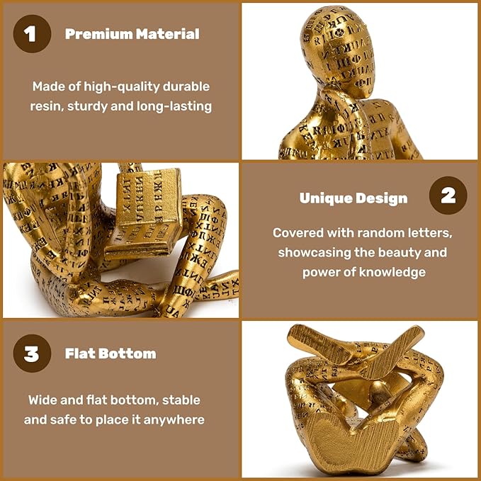 Antique Gold Reading Thinker Statue, Set of 2 Bookshelf Decor Abstract Art Thinker Sculptures, Modern Aesthetic Figurine Home Decoration Ornaments for Living Room Office Shelf Coffee Table Desk Decor