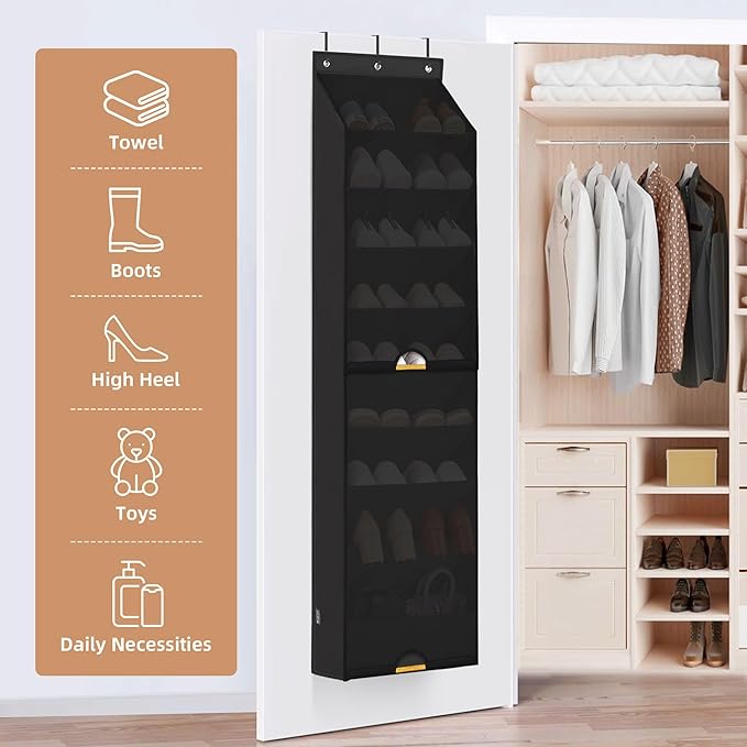STORAGE MANIAC Over the Door Shoe Organizer with Curtain Dustproof Heavy-Duty Large Deep Pocket Hanging Shoe Organizer for Closet Dorm & Narrow Door Storage Shoe Holder Shoe Rack, 9-Shelf Black 1 Pack