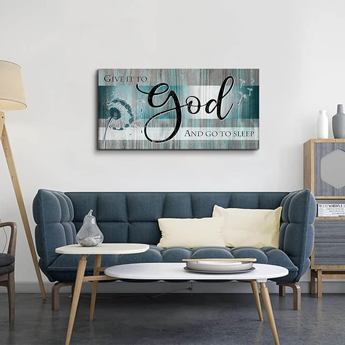 Christian Wall Decor Bible Verse Wall Art Give It to God and Go to Sleep Bedroom Pictures Faith Quote Canvas Painting Teal Religious Scripture Poster Dandelion Artwork Living Room Decorations 20x40"