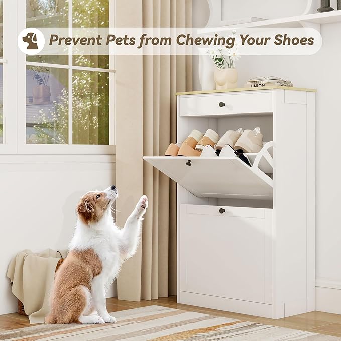 Shoe Cabinet with 2 Flip Drawers, Slim Wooden Hidden Shoe Organizer with Drawer, Pet-Proof Narrow Shoe Storage Cabinet for Entryway Living Room Behind The Door