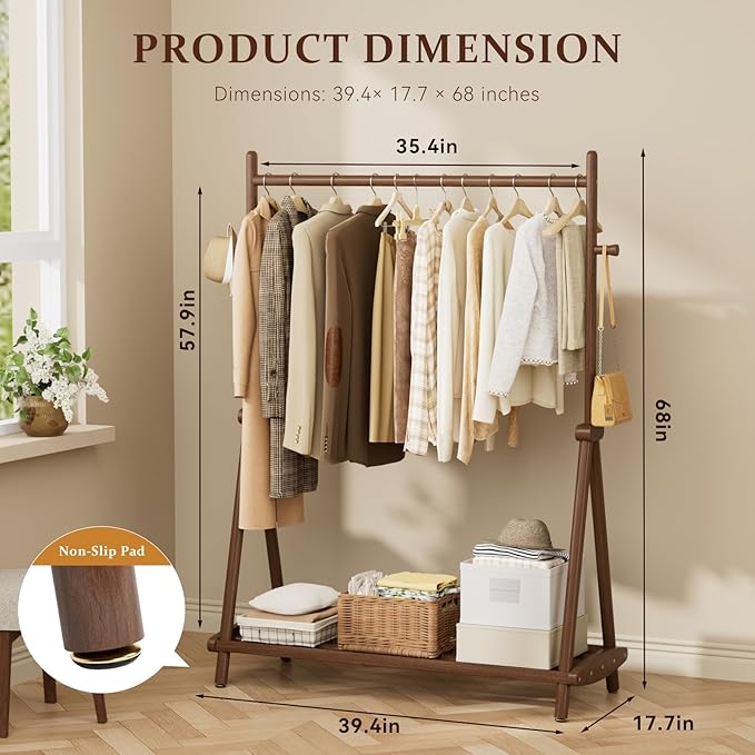Solid Wood Clothes Rack,Freestanding Garment Rack & Coat Tree,Extra-Long 39.38" Hanging Rod, Double Storage Shelves for Bedroom, Entryway, Hallway