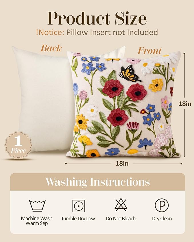 Embroidered Throw Pillow Cover 18x18 Inch - Spring Summer Boho Decorative Pillow Cover with Zipper for Living Room Couch Sofa Bed Aesthetic Design Retro Flower Cushion Pillowcase