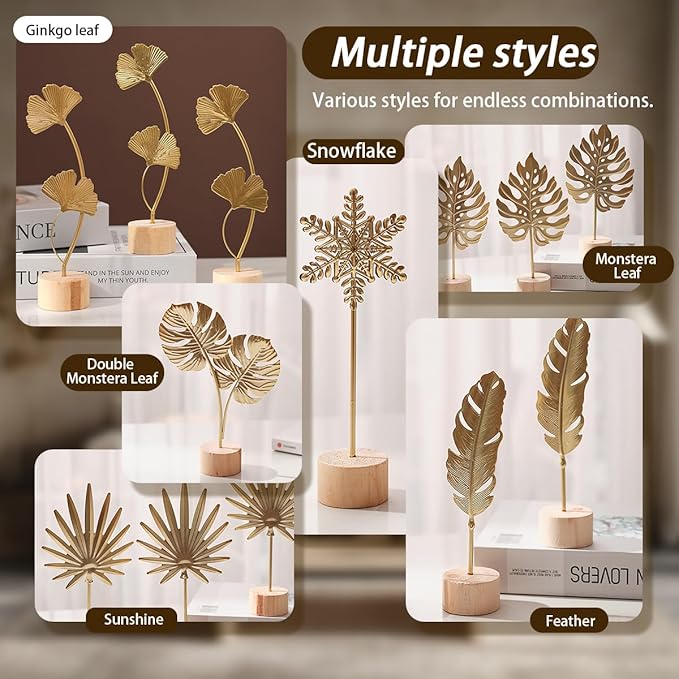 Gold Leaf Home Decor Set - Metal Leaves Statues, Modern Artistic Sculptures for Living Room, Office, Shelf & Home Decorative, Handmade 3D Botanical Accents (Monstera, Ginkgo, Snowflake, 3PCS)