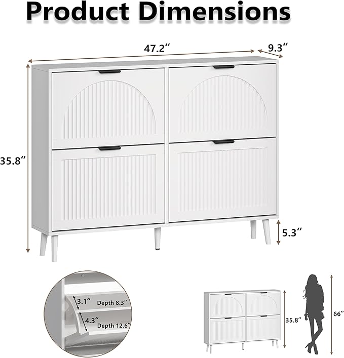Shoe Cabinet for Entryway with 4 Flip Drawers, Slim Wooden Shoe Storage Organizer with Modern Fluted Pannel，Freestanding Narrow Hidden Shoe Rack for Hallway, Foyer, Living Room