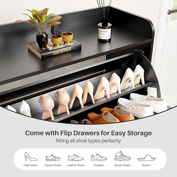 Shoe Storage Cabinet with 2 Flip Drawers, Freestanding Entryway Shoe Cabinet with 2 Side Hooks & Adjustable Shelves Slim Shoe Organizer Cabinet Narrow Shoe Rack for Entrance Hallway Front Door,Black