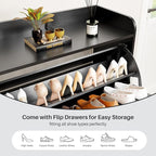 Shoe Storage Cabinet with 2 Flip Drawers, Freestanding Entryway Shoe Cabinet with 2 Side Hooks & Adjustable Shelves Slim Shoe Organizer Cabinet Narrow Shoe Rack for Entrance Hallway Front Door,Black