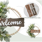 Green Wreath for Front Door, Wood Bead Wreaths with Artificial Lambs Ears Leaves, Hello and Welcome Door Sign Wreath for Home Decor, Spring Summer Green Leaf for Wedding Decor
