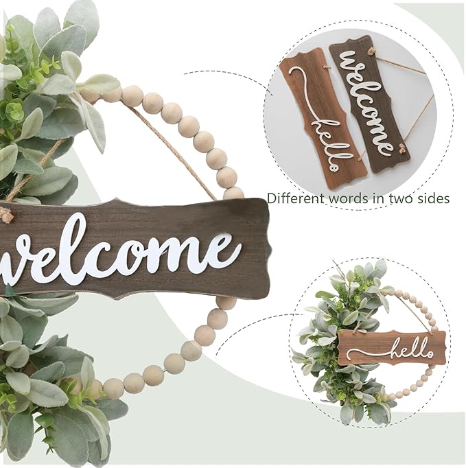 Green Wreath for Front Door, Wood Bead Wreaths with Artificial Lambs Ears Leaves, Hello and Welcome Door Sign Wreath for Home Decor, Spring Summer Green Leaf for Wedding Decor