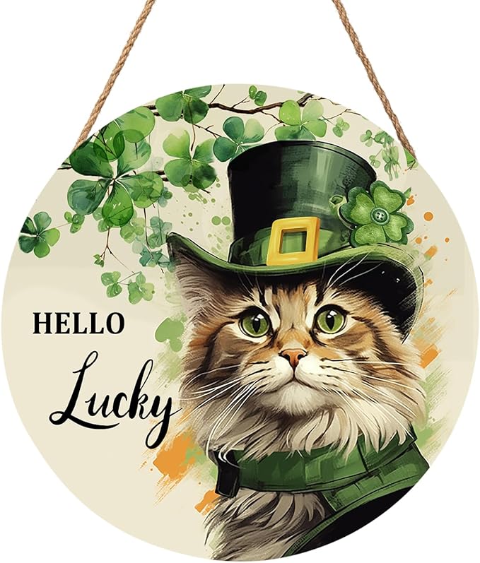 St. Patrick's Day Door Decoration for Home Cat Lucky Shamrock Wreath for Front Door Lucky Clover Cat Hanging Wall Sign Green Wreath Wooden Plaid Plaque for Porch Home Office Farmhouse 12"x12"