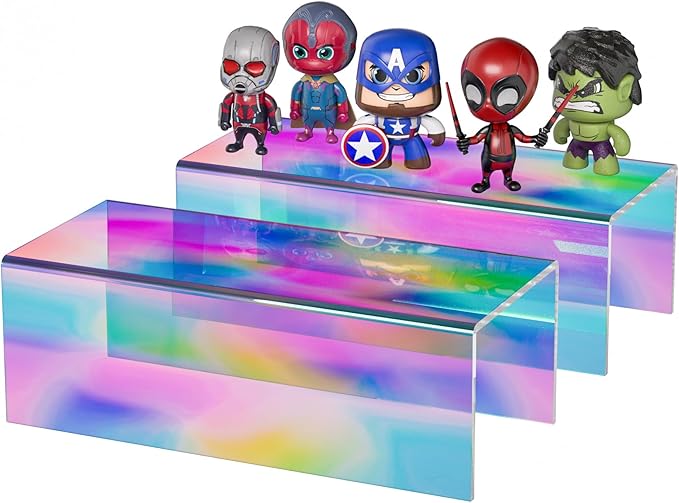 Sezanrpt Acrylic Shelf Riser 12x5.1x4 pack of 2, Iridescent Acrylic Stand for Funko Pop, Collectibles, Brand Store, Home Storage Organizer, 12x5.1x4 Inch