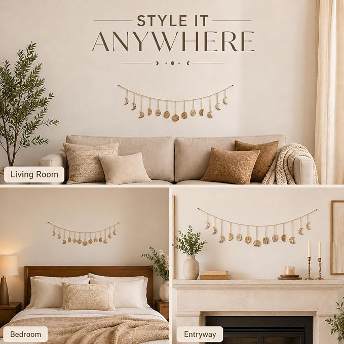 opulinea Moon Phase Garland Gold Hammered Metal - Celestial Boho Wall Hanging Decor Moon Phases Ornament for Bedroom Aesthetic Above Bed Living Room Home Decor